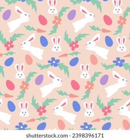Easter holiday seamless pattern with bunnies and eggs. Hand drawn elements in childish cut out style on peach background. Trendy print design for textile, wallpaper, interior decoration