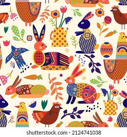 Easter holiday seamless pattern with chicken, rabbits and flowers, cut in paper art style. HAPPY EASTER. Silhouette illustration. Vector drawing. Geometric.