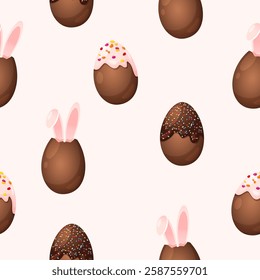 Easter holiday seamless pattern with chocolate sweet eggs isolated on light pink background.