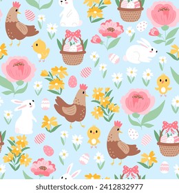 Easter holiday seamless pattern. Cute white rabbits, chickens, eggs, baskets and flowers on a blue background. Vector illustration. Perfect for wrapping paper.