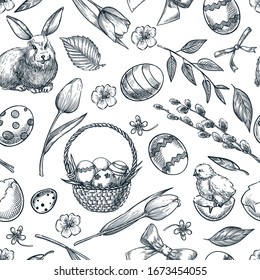 Easter holiday seamless pattern. Doodle basket with easter eggs, bunny, flowers and eggs. Spring sketch vector illustration. Hand drawn background, textile print, fabric design or wrapping paper.