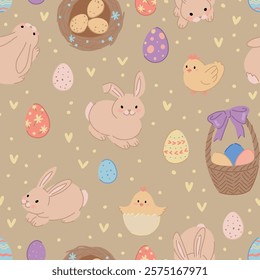 Easter holiday seamless pattern. Ornament of cute bunnies, chickens, eggs, spring flowers.