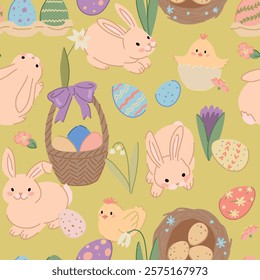 Easter holiday seamless pattern. Ornament of cute bunnies, chickens, eggs, spring flowers.