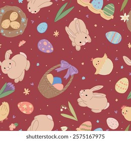 Easter holiday seamless pattern. Ornament of cute bunnies, chickens, eggs, spring flowers.