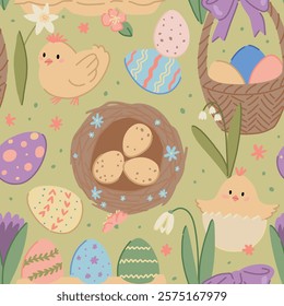 Easter holiday seamless pattern. Ornament of cute chickens, eggs, spring flowers.