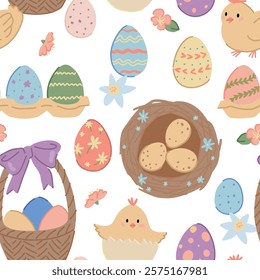 Easter holiday seamless pattern. Ornament of cute chickens, eggs, spring flowers.