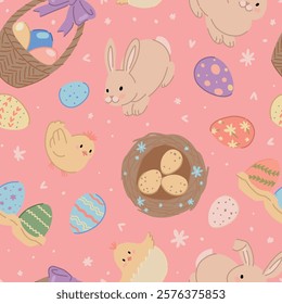 Easter holiday seamless pattern. Ornament of cute bunnies, chickens, eggs, spring flowers.