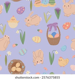 Easter holiday seamless pattern. Ornament of cute bunnies, chickens, eggs, spring flowers.