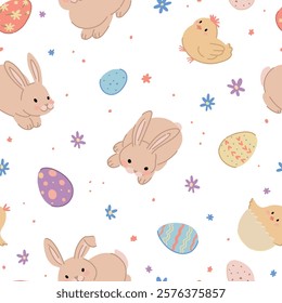 Easter holiday seamless pattern. Ornament of cute bunnies, chickens, eggs, spring flowers.