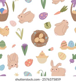 Easter holiday seamless pattern. Ornament of cute bunnies, chickens, eggs, spring flowers.