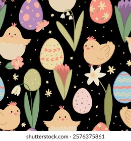 Easter holiday seamless pattern. Ornament of cute chickens, eggs, spring flowers.