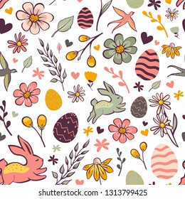 Easter holiday seamless pattern. Vector illustration of Easter egg hunt, rabbit and spring flowers.