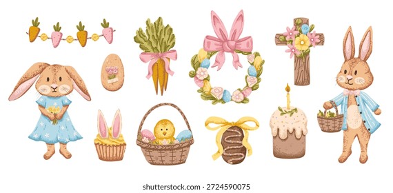 Conjunto de vacaciones de Pascua con conejito, huevos y polluelo en la cesta. Elementos de primavera en color pastel suave con textura