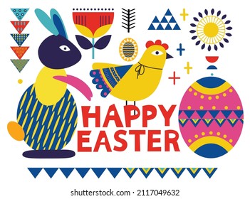 Fiestas de Semana Santa con pollo, conejo, cortado en estilo de arte de papel. FELIZ texto MÁS RÁPIDO. Ilustración de silueta. Dibujo de vectores. Geométrico.