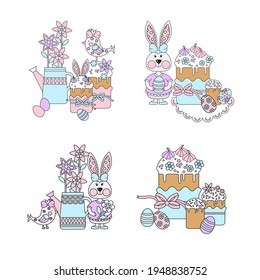 Easter holiday. A set of compositions. Vector illustration.
Easter cakes and Easter eggs. Spring flowers and bird, rabbit. Postcard.