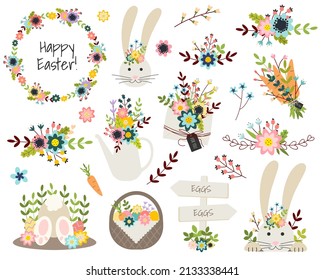 Easter holiday set. Flowers, cute rabbit, eggs, carrots, envelope, watering can, basket, road signs, egg hunting, wreath of flowers. Cartoon style.