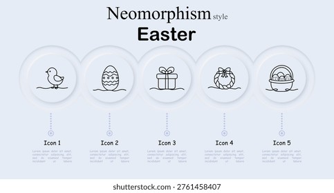 Easter holiday set icon. Spring chick bird, decorated egg ornament, gift box present, festive wreath decoration, basket painted eggs, seasonal celebration, family tradition