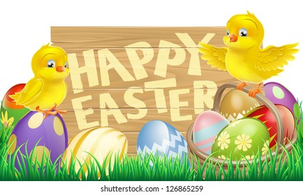 An Easter holiday sign that says Happy Easter with a basket full of Easter eggs and cute cartoon birds