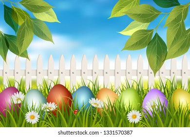 Easter holiday spring backdrop with outdoor scene, white fence, grass, flowers and colorful eggs. Vector illustration.