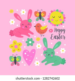 Easter holiday and spring cute set with bunny, flowers and sun. Childish print for cards, stickers, apparel and nursery decoration