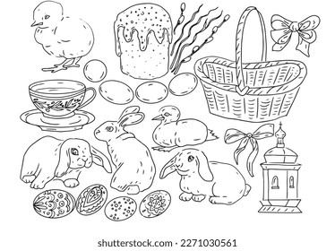 
Easter holiday spring doodle sketch elements separately graphic hand drawn eggs, chick, duckling, bunnies, ribbons, basket, cathedral