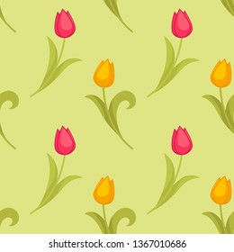 Easter holiday spring flowers tulips seamless pattern vector plant floral theme stem and bud blossom endless texture botany and flora elements wallpaper nature and environment greenery and floristry