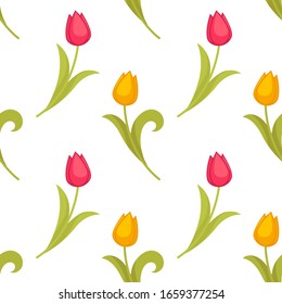 Easter holiday spring flowers tulips seamless pattern vector plant floral theme stem and bud blossom endless texture botany and flora elements wallpaper nature and environment greenery and floristry.