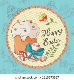 Easter holiday square banner, sticker, cake baking and colored eggs, greeting inscription in a circle in the style of children's Doodle vector EPS 10