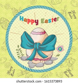 Easter holiday square banner, sticker, colored egg with a bow inscription greeting in a circle in the style of children's Doodle vector EPS 10