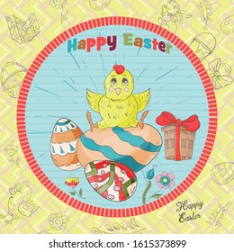 Easter holiday square banner, sticker, little chicken sitting on a painted egg, greeting message in a circle in the style of children's Doodle vector EPS 10