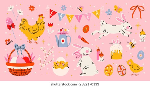 Easter holiday stickers set in abstract 90s retro style. Collection of spring elements, rabbits, eggs, Christian holiday, Easter basket, flowers, chicken. Vector groovy illustration, isolated