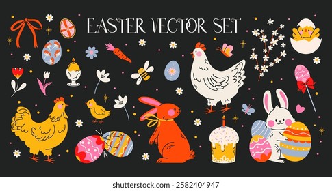 Easter holiday stickers set in abstract 90s retro style. Collection of spring elements, rabbits, eggs, Christian holiday, Easter basket, flowers, chicken. Vector groovy illustration, isolated