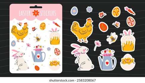 Easter holiday stickers set in abstract 90s retro style. Collection of spring elements, rabbits, eggs, Christian holiday, Easter basket, flowers, chicken. Vector groovy illustration, isolated