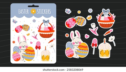 Easter holiday stickers set in abstract 90s retro style. Collection of spring elements, rabbits, eggs, Christian holiday, Easter basket, flowers, chicken. Vector groovy illustration, isolated