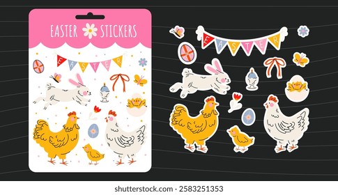 Easter holiday stickers set in abstract 90s retro style. Collection of spring elements, rabbits, eggs, Christian holiday, Easter basket, flowers, chicken. Vector groovy illustration, isolated