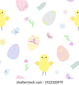 Easter holiday symbol colorful decorated eggs in pastel tones, chicken, butterflies, flowers seamless pattern, flat style vector illustration for spring festive time decor, cards, gift paper