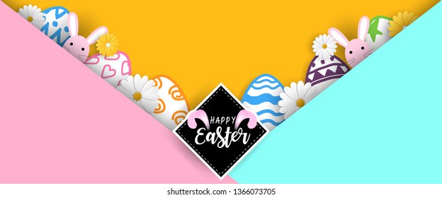 Easter holiday symbol in paper cut on colors website banner scale background. All in vector design.
