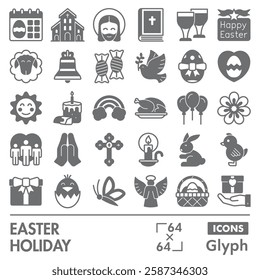 Easter holiday symbols collection or sketches. happy easter theme icons in glyph style signs for web and app. Vector graphics isolated on white background