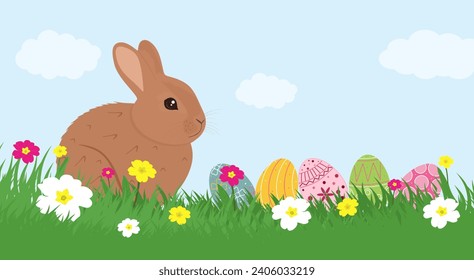 Easter holiday template banner with cute rabbit on green grass and easter eggs. Easter funny rabbit or bunny on green meadow and beautiful colorful spring flowers. Flat cartoon vector illustration