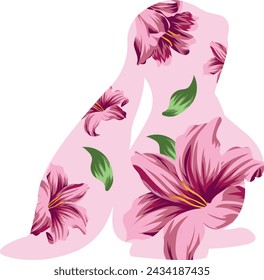 Easter holiday template with a simple pink outline of an Easter bunny with a pink lily bud, green leaves placed in the middle of the bunny shape, for posters, Easter cards or banners