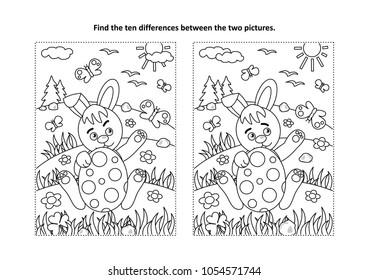 Easter holiday themed find the ten differences picture puzzle and coloring page with bunny and painted egg, rural scene