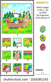 Easter holiday themed visual logic puzzle with Easter bunny, eggs, chicks and basket: What of the 2 - 10 are not the fragments of the picture 1? Answer included.