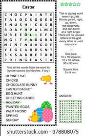 Easter holiday themed zigzag word search puzzle (suitable both for kids and adults). Answer included.
