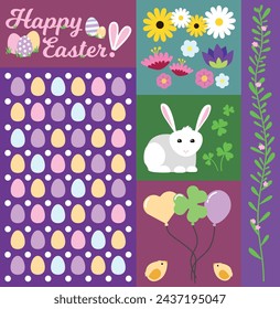 Vector de vacaciones de Pascua clipart, flores y conejito