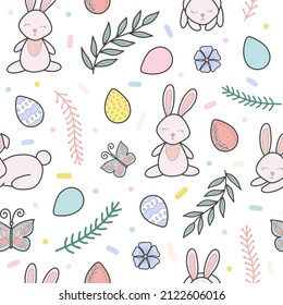 Easter holiday vector colorful seamless pattern illustration. Spring cute pattern with bunnies, easter eggs, butterfly, branches and flowers. For fabric prints, decorations, backgrounds