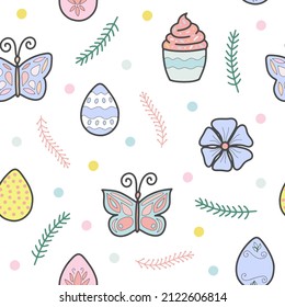 Easter holiday vector colorful seamless pattern illustration. Spring cute pattern with easter eggs, butterfly, branches, flowers and cupcakes. For fabric prints, decorations, backgrounds