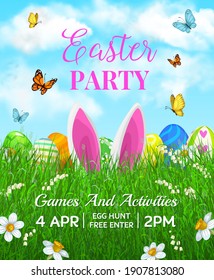 Easter Holiday Vector Flyer With Cute Cartoon Rabbit Ears In Green Grass Blades With Decorated Eggs, Flowers And Butterflies. Happy Easter Spring Games And Activities Free Event Celebration Invitation