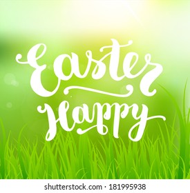 Easter Holiday Vector. Green Spring Design. Grass and Sun. Typographic Lettering Happy Easter.