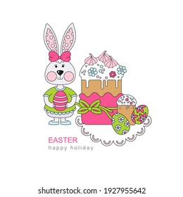 Easter holiday. Vector illustration. Pascal rabbit, Easter eggs, Easter cakes. Easter composition. Postcard.