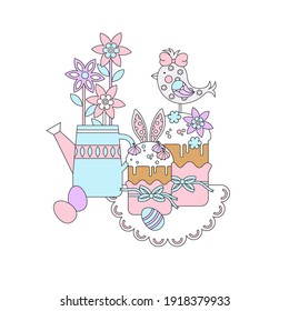 Easter holiday. Vector illustration. Illustration with pasque, eggs, bird, flowers. Easter still life. Postcard.
